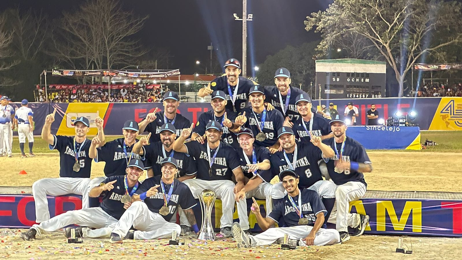 Argentina men’s national team celebrates its Pan American title with the trophy in Sincelejo